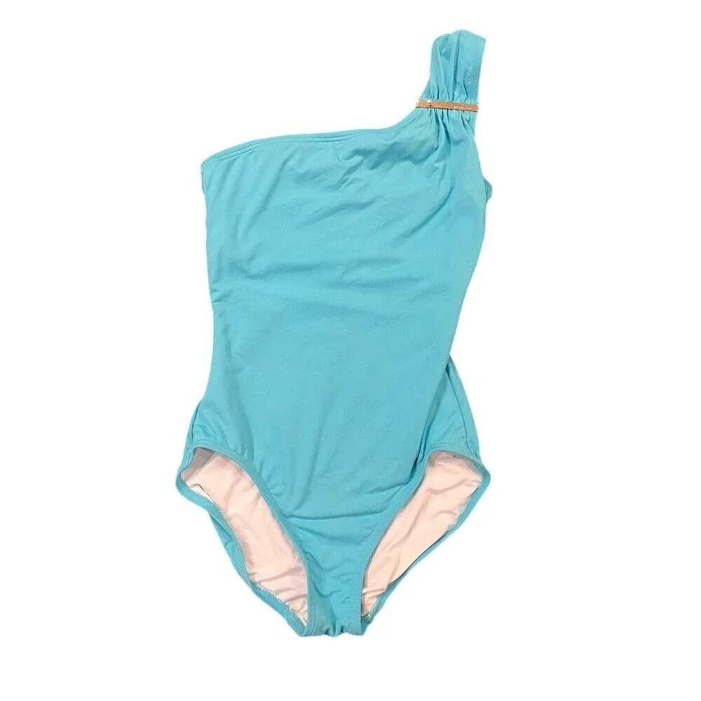 Michael Kors One Shoulder One Piece Swimsuit Turquoise Blue Gold Logo‎ Sz 6